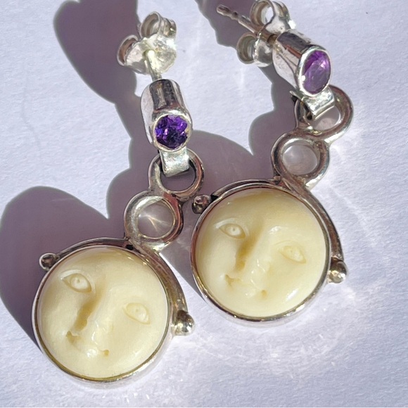 Vintage Sajen Carved Moon Goddess Face and Faceted Amethyst Dangle Earrings - Picture 3 of 5